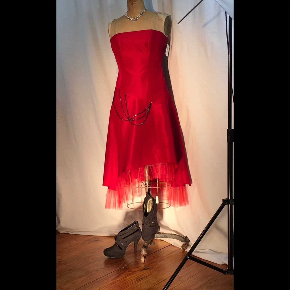 Nicole Miller cherry taffeta bustier/hi-lo gown